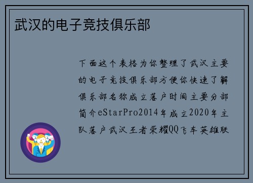 武汉的电子竞技俱乐部